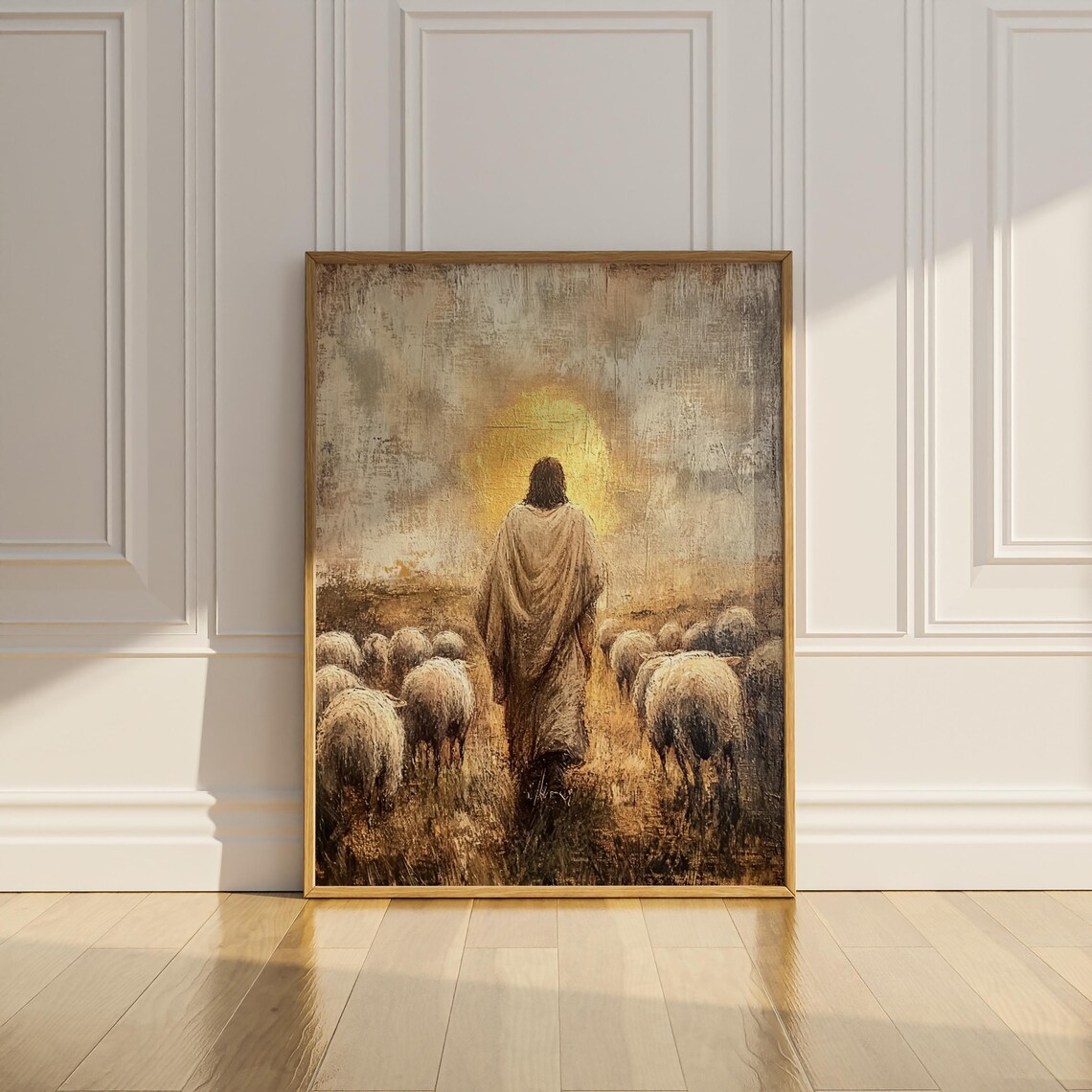Jesus Christ Leading Sheep Flock Golden Field Impressionist Faith Poster - Image 2