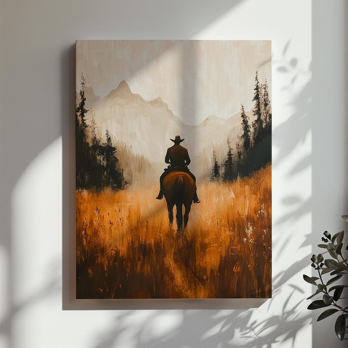 Cowboy on Horseback Riding Into Golden Fields Mountain Wall Art - Image 2