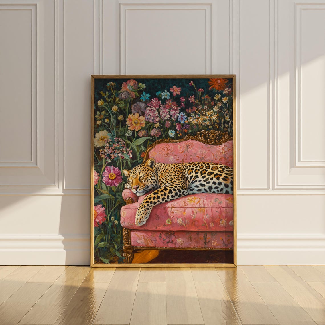 Leopard Napping on a Pink Sofa in a Wildflower Garden Poster - Image 3