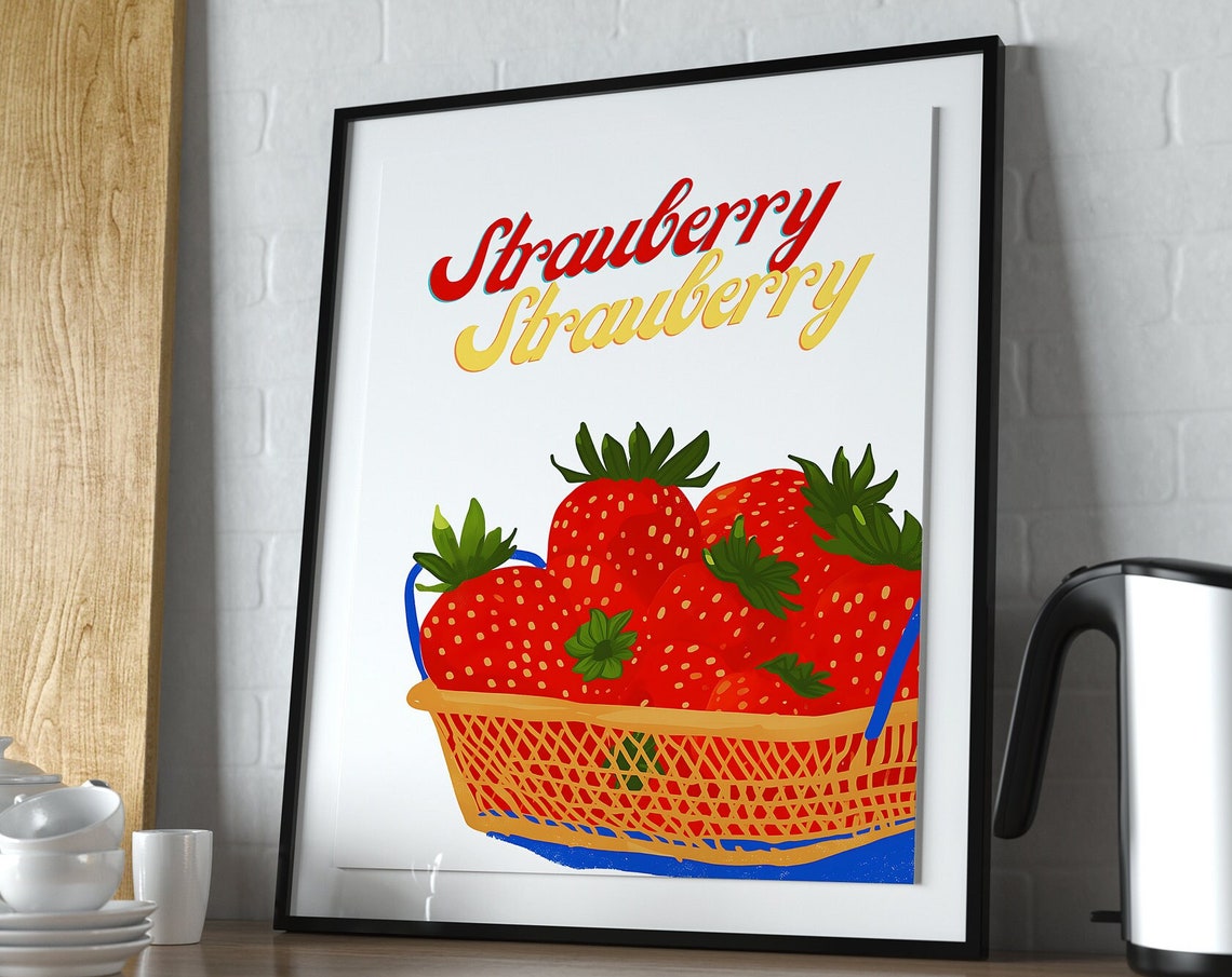 Whimsical Double Strawberry Basket Retro Fruit Kitchen Script Poster - Image 3