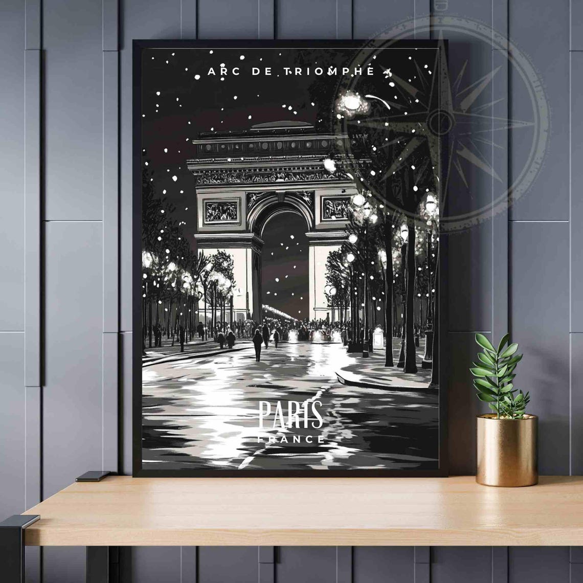 Paris Arc de Triomphe Black and White Night Avenue Lights Poster