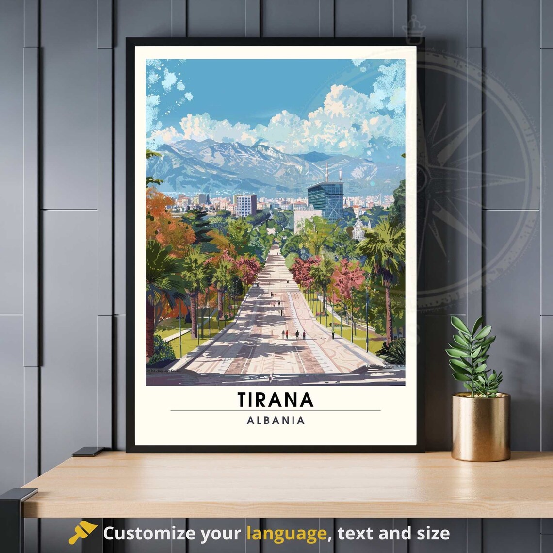 Tirana Albania Cityscape Mountain Avenue Daytime Vintage Travel Poster
