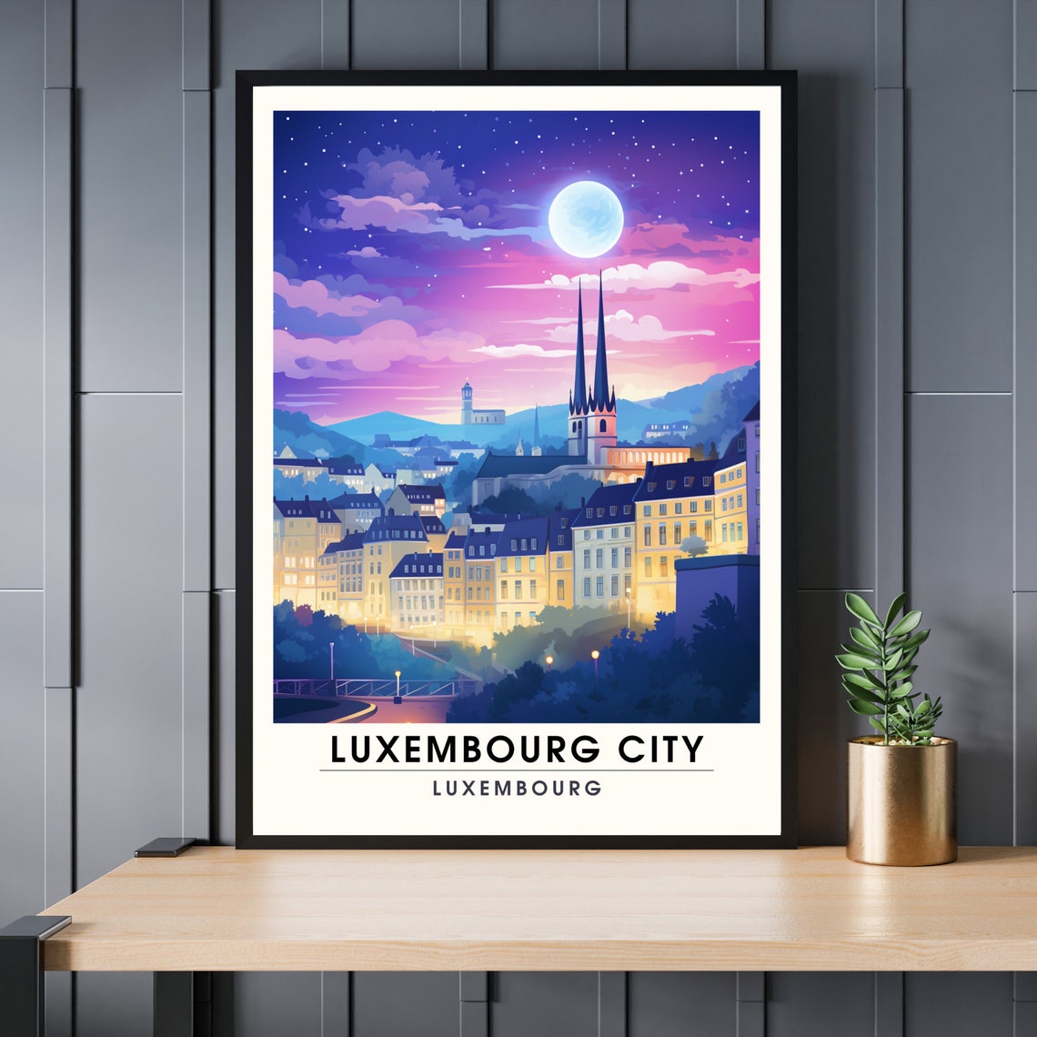 Luxembourg City Night Moonlit Old Town Skyline Travel Poster