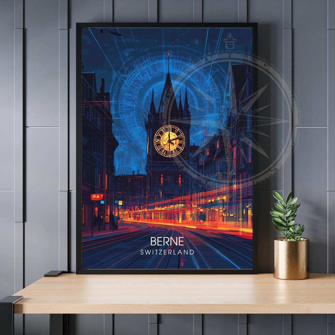 Berne Switzerland Clock Tower Night Neon Cityscape Travel Poster