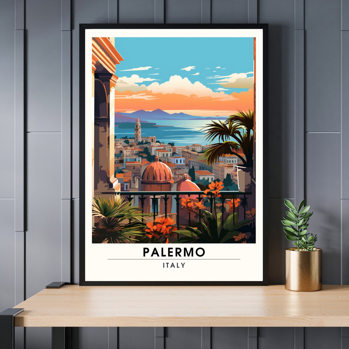 Palermo Italy Coastal Cityscape Sunset Travel Poster Sicily Art