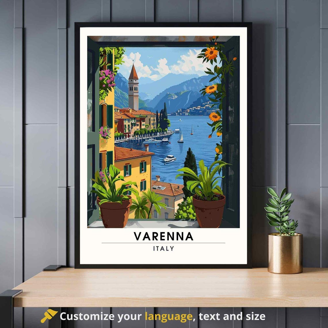 Varenna Italy Window View Bell Tower Sunflowers Sunny Lake Poster