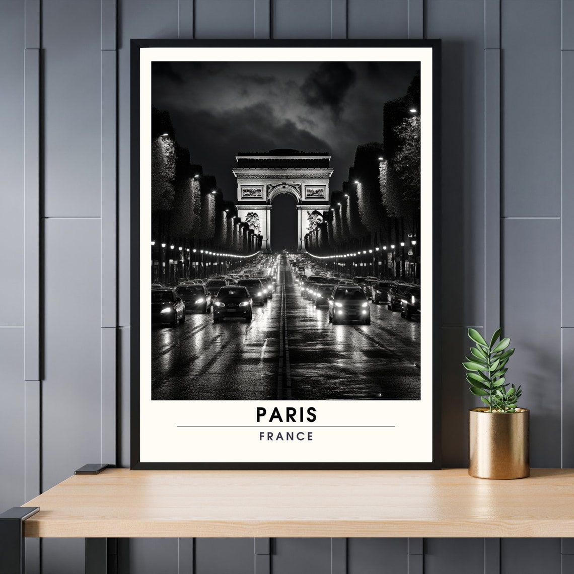 Paris France Night Poster Arc de Triomphe Champs Elysees Black White