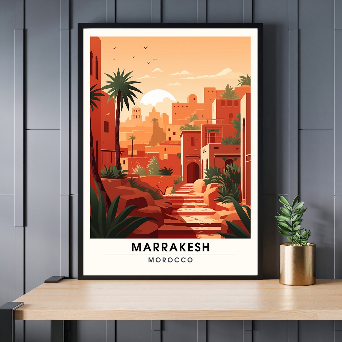 Marrakesh Morocco Terracotta Medina Palms Sunset Retro Travel Poster