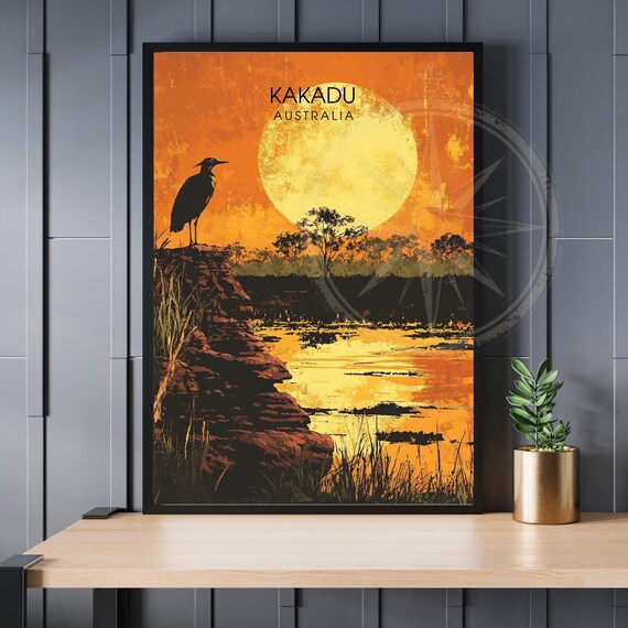 Kakadu Australia Golden Sunset Travel Poster Heron Wetland Landscape