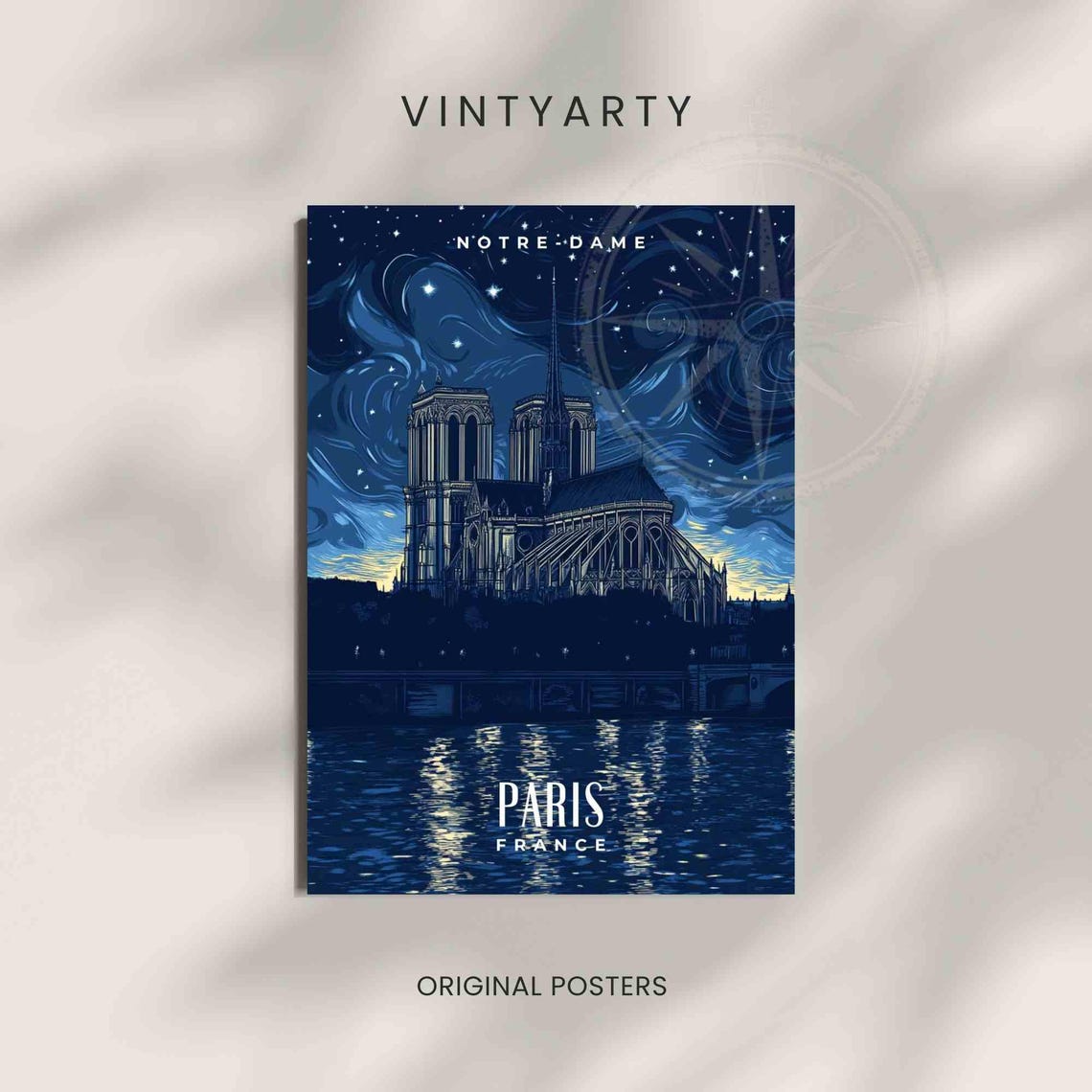 Paris Notre-Dame Starry Night Swirling Sky Cathedral Artwork Poster