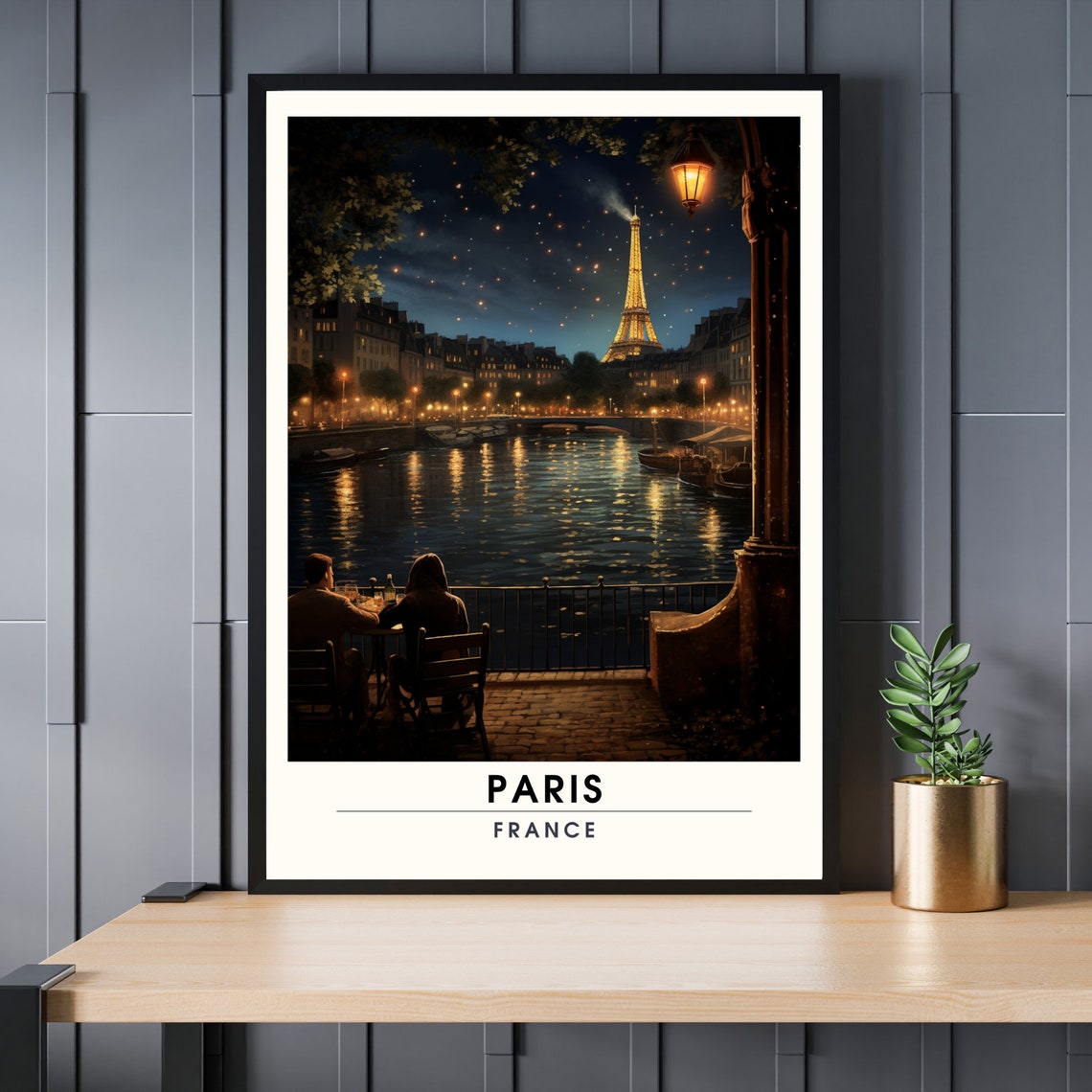 Paris France Eiffel Tower Night Poster Seine River Cafe Scene