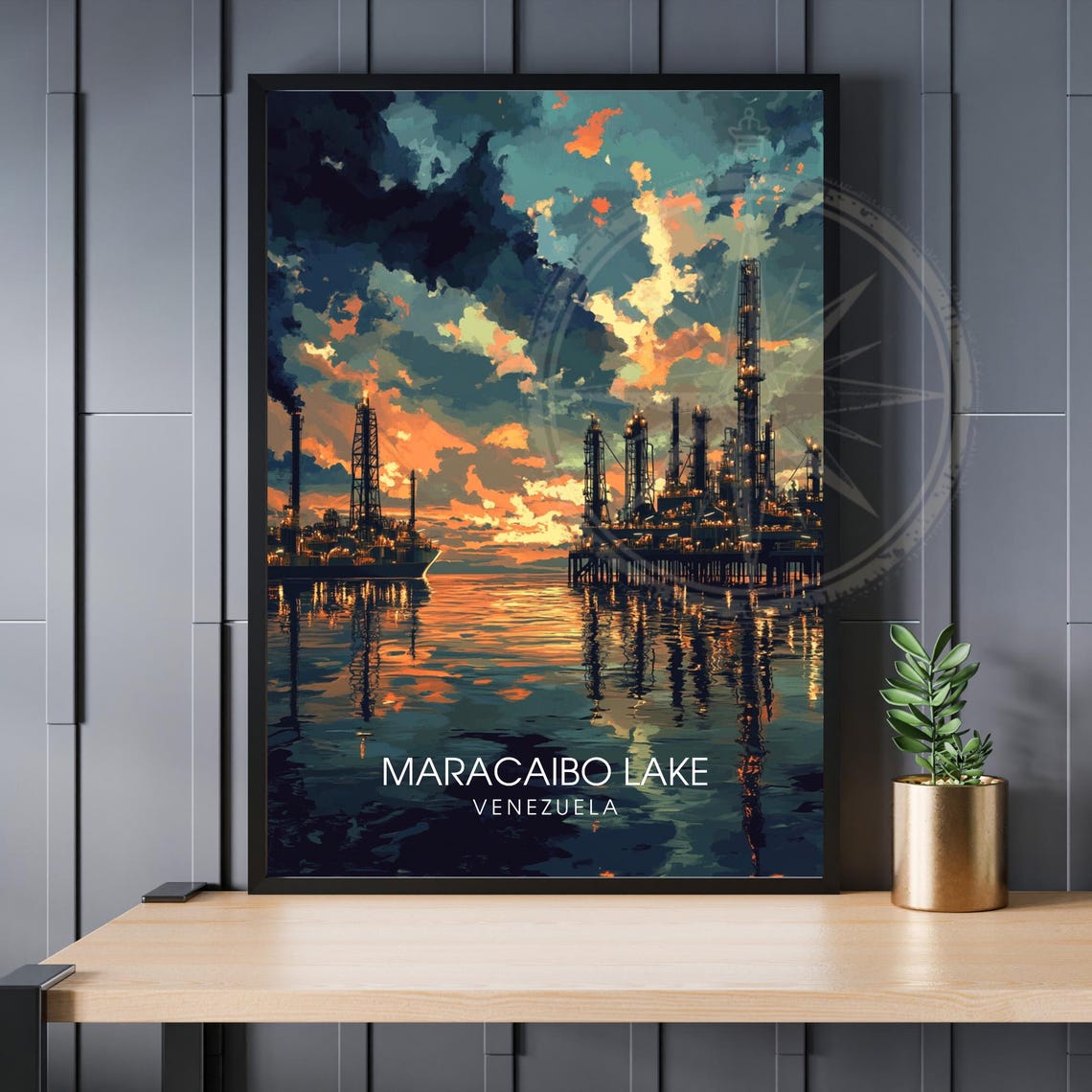 Maracaibo Lake Venezuela Oil Rigs Sunset Industrial Travel Poster