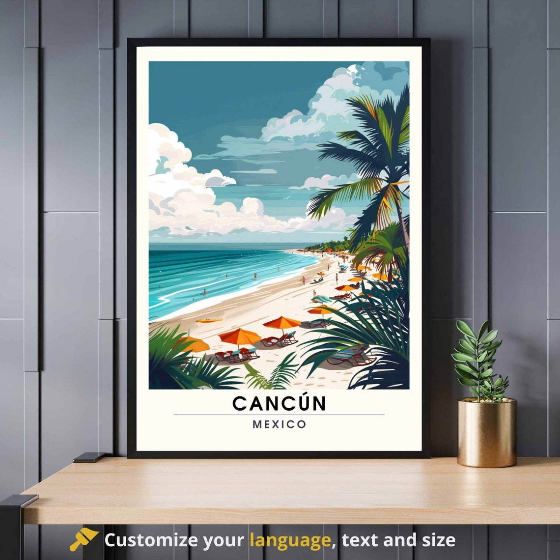 Cancun Mexico Palm Beach Umbrellas Vintage Travel Art Poster