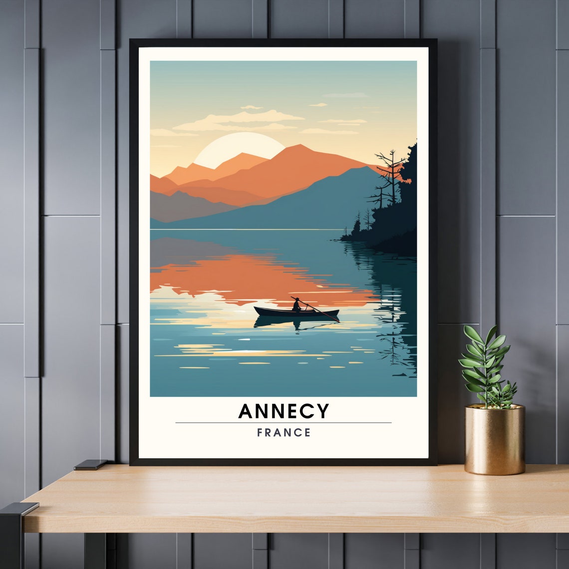 Annecy France Mountain Lake Sunset Canoe Silhouette Scenic Poster