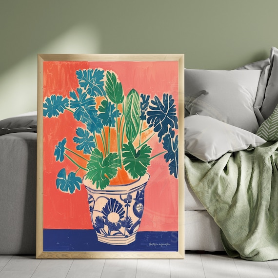 Matisse Inspired Monstera Plant in Patterned Ceramic Vase Print