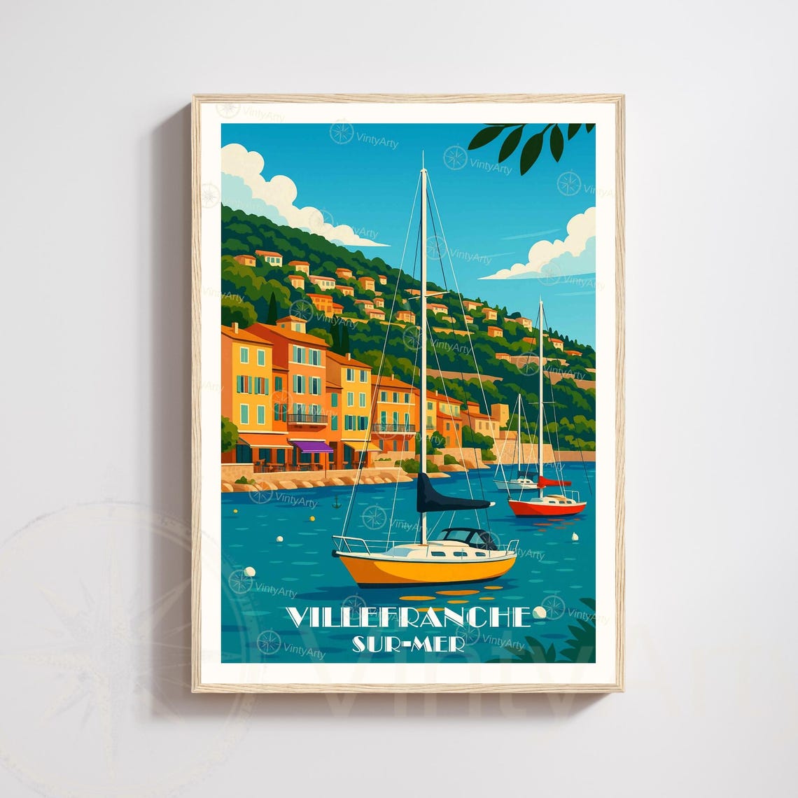 Villefranche sur-Mer Sailboats Harbor Waterfront Houses Art Poster