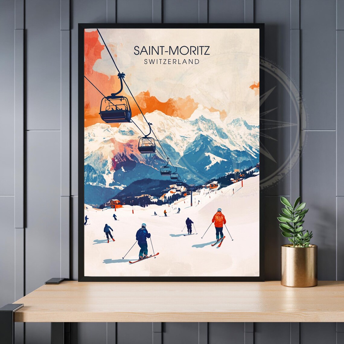 Saint-Moritz Switzerland Travel Poster Chairlift Skiers and Snowy Peaks Scene