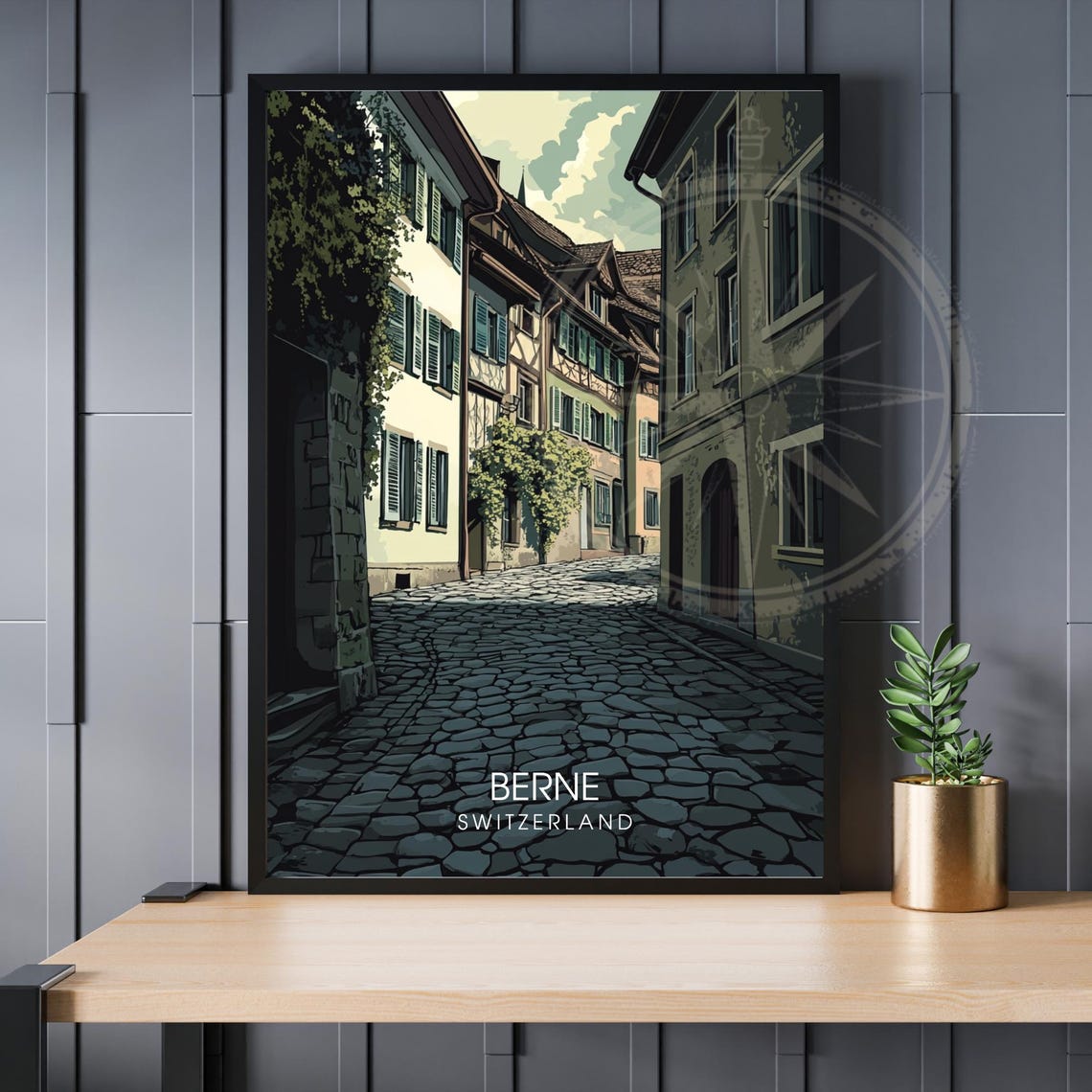 Berne Switzerland Old Town Cobblestone Street Scenic Travel Poster