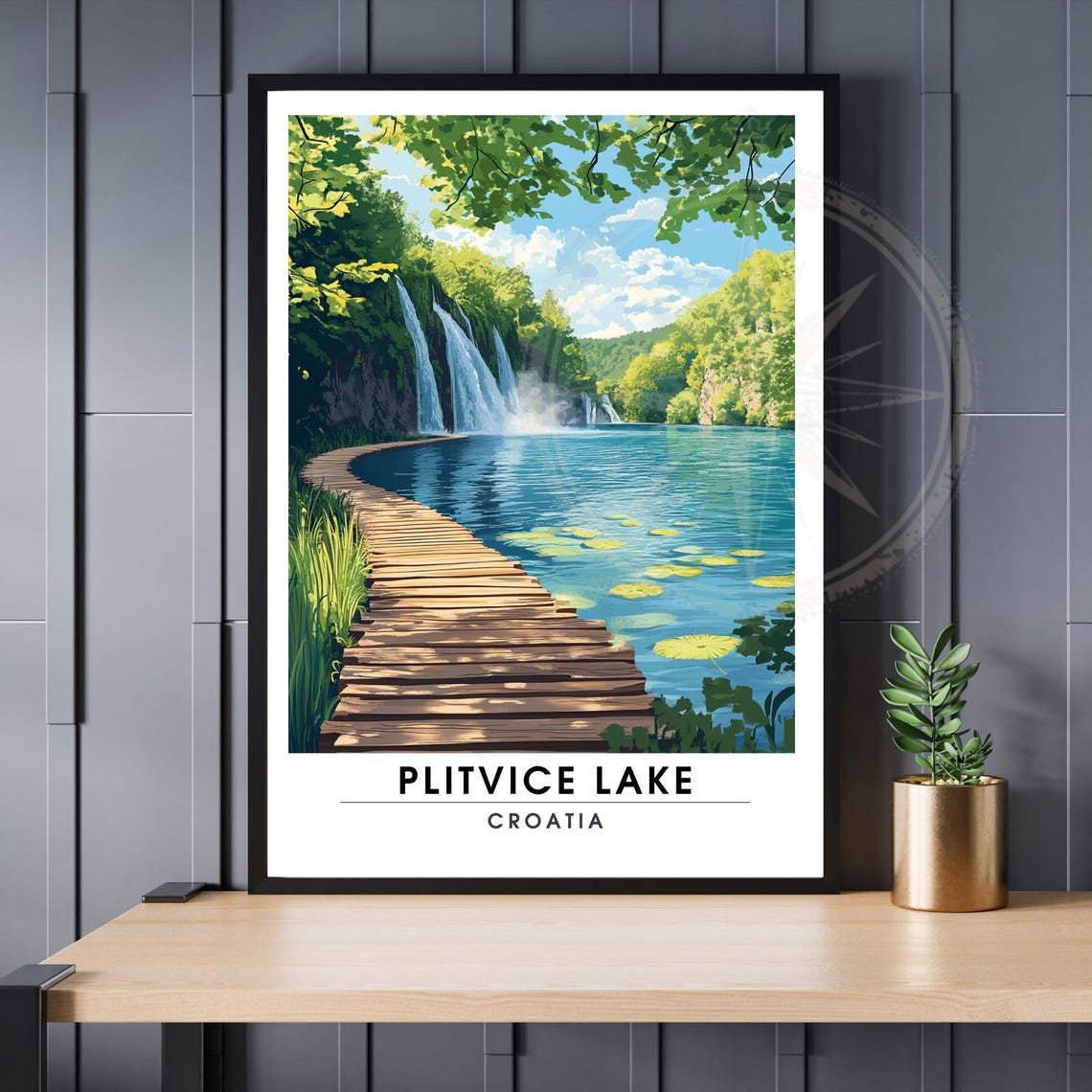 Plitvice Lake Croatia Boardwalk Waterfall Illustrated Travel Poster