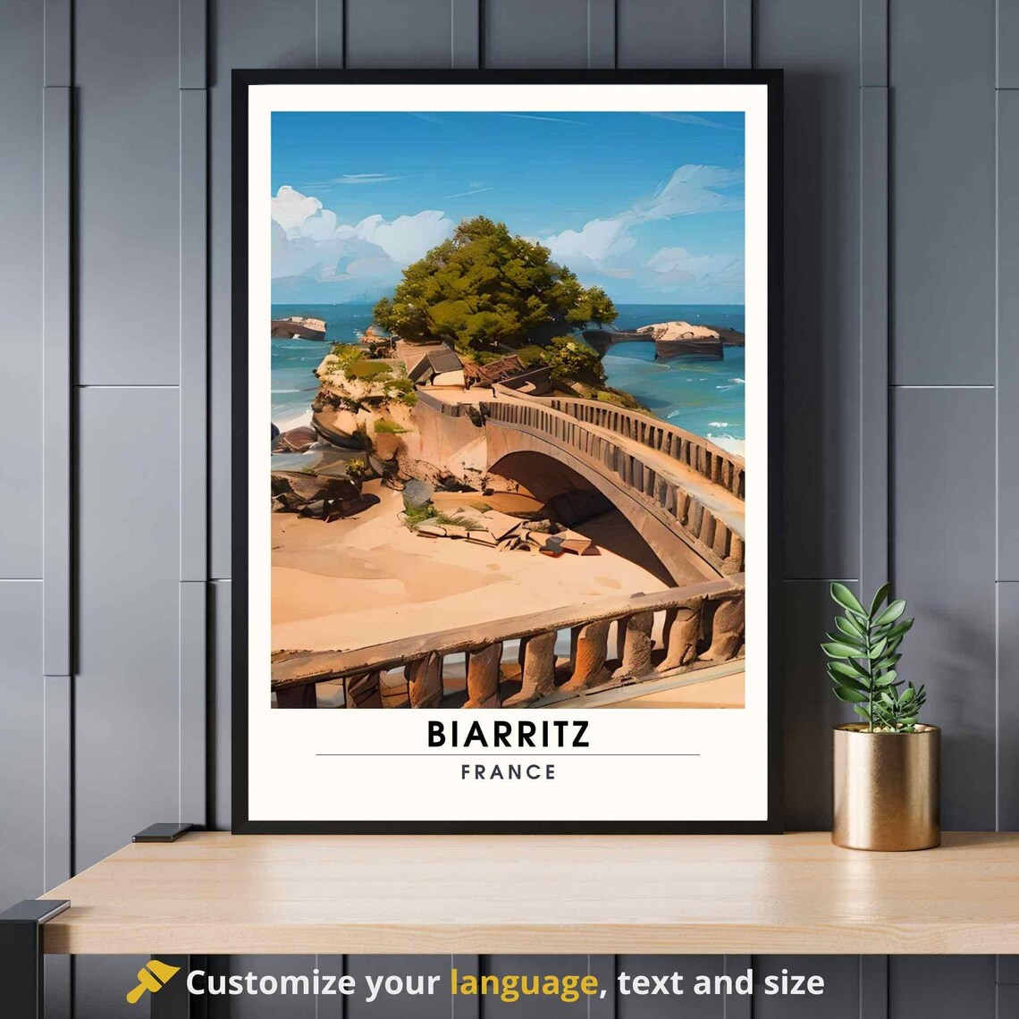 Biarritz France Rocky Coast Stone Bridge Vintage Travel Poster
