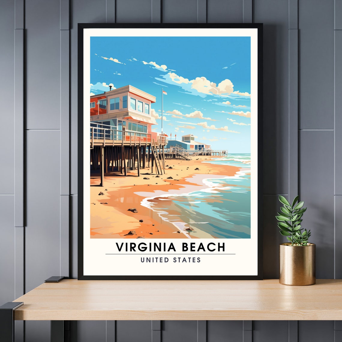 Virginia Beach United States Fishing Pier Summer Beach Travel Poster