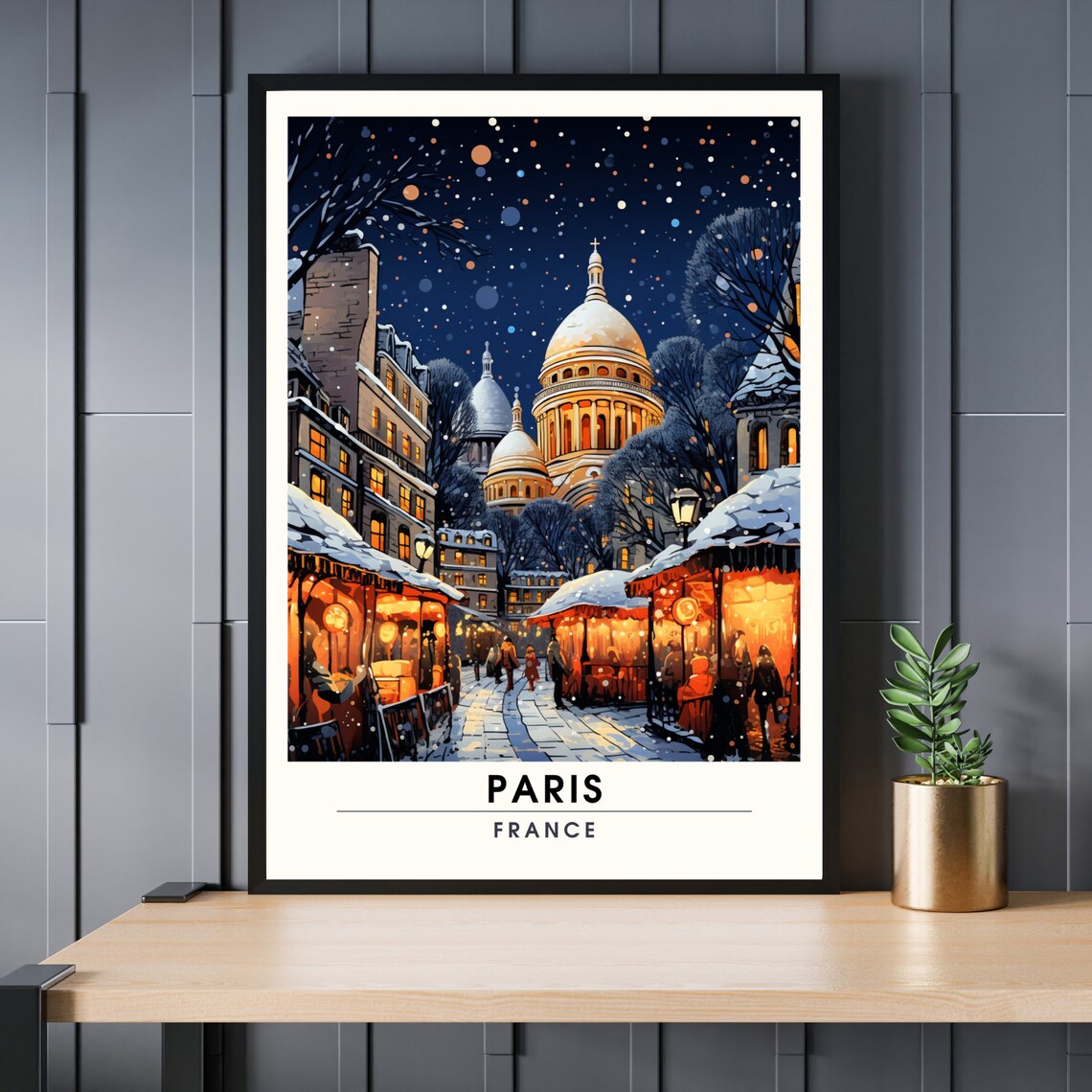 Paris France Sacre Coeur Winter Night Market Vintage Travel Poster