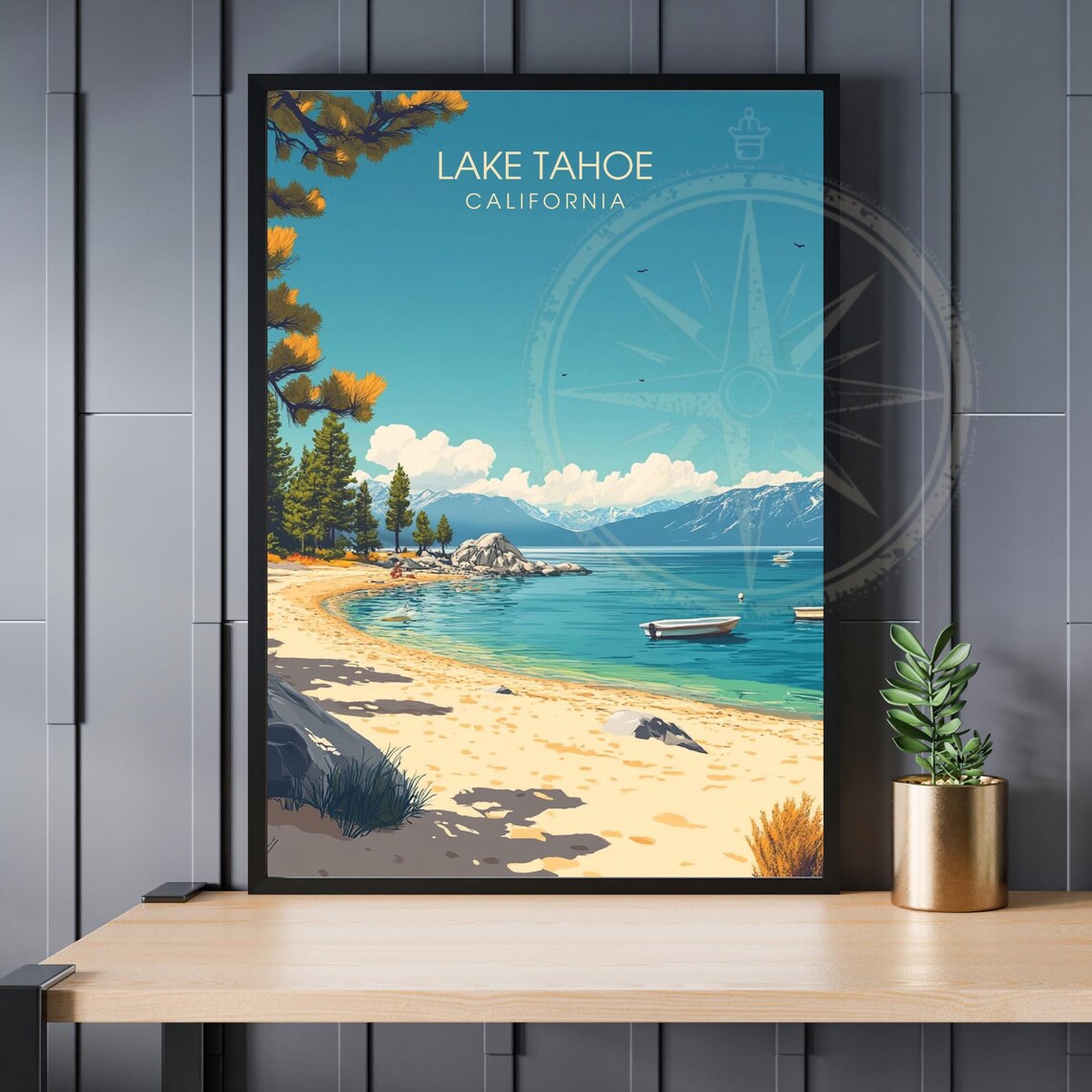 Lake Tahoe California Sandy Beach Boats Vintage Travel Poster