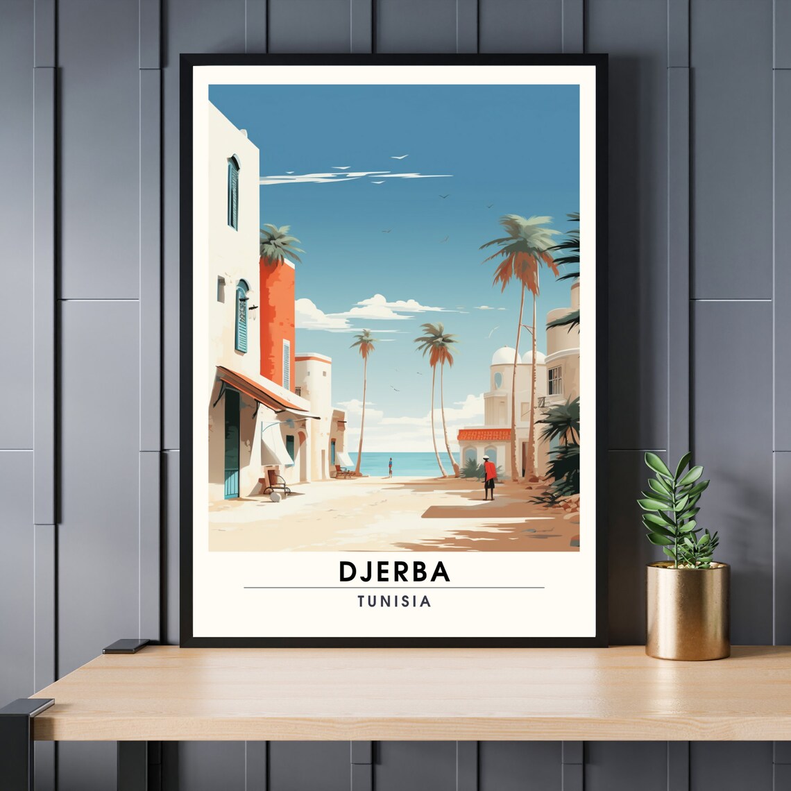 Djerba Tunisia Palm Lined Street To Beach Vintage Travel Poster Art