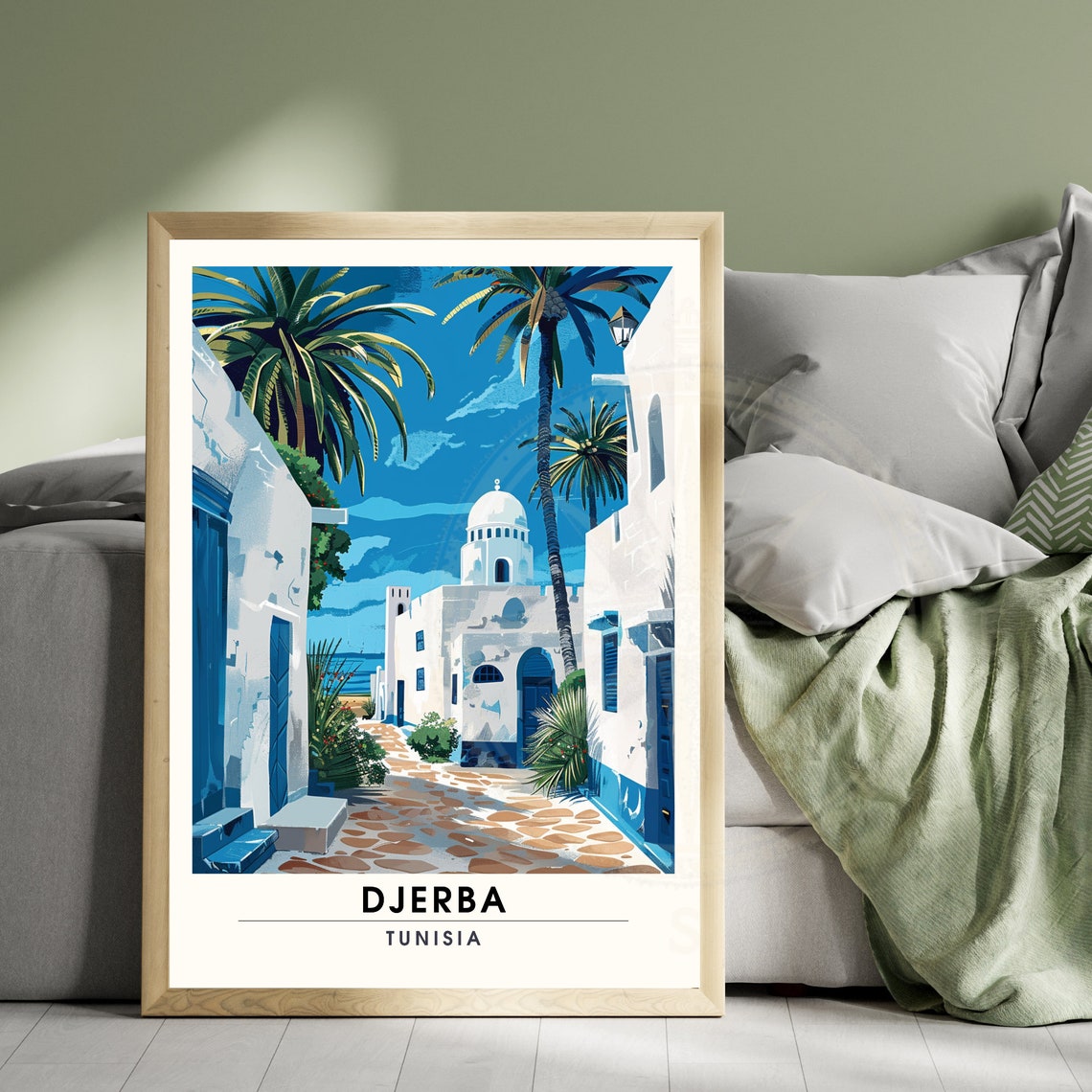 Djerba Tunisia White Alley Palm Trees Mosque Island Travel Poster