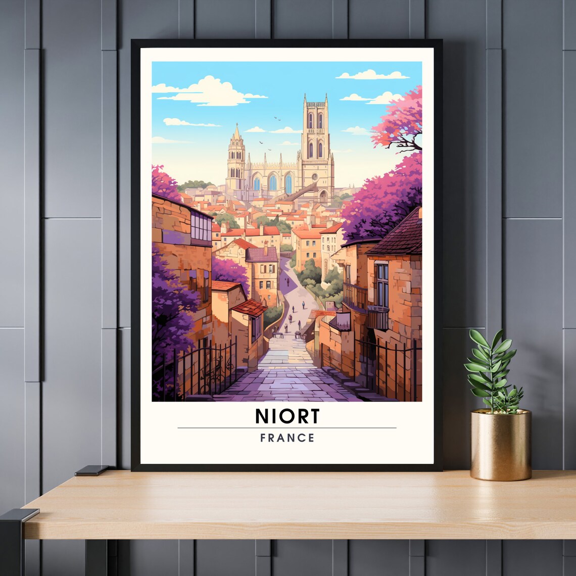 Niort France Old Town Church Street Blooming Trees Travel Poster