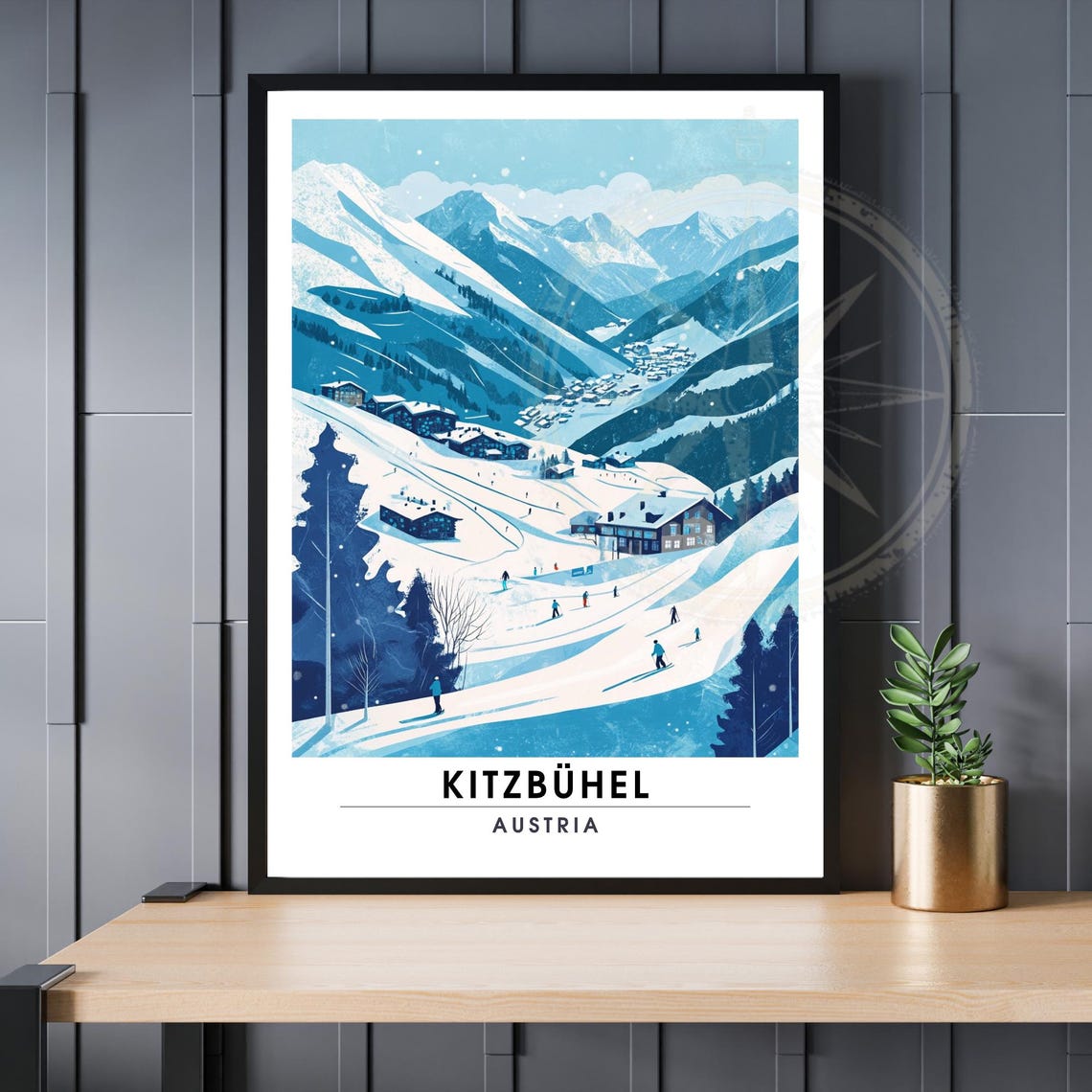 Kitzbuhel Austria Ski Resort Blue Mountain Illustration Travel Poster