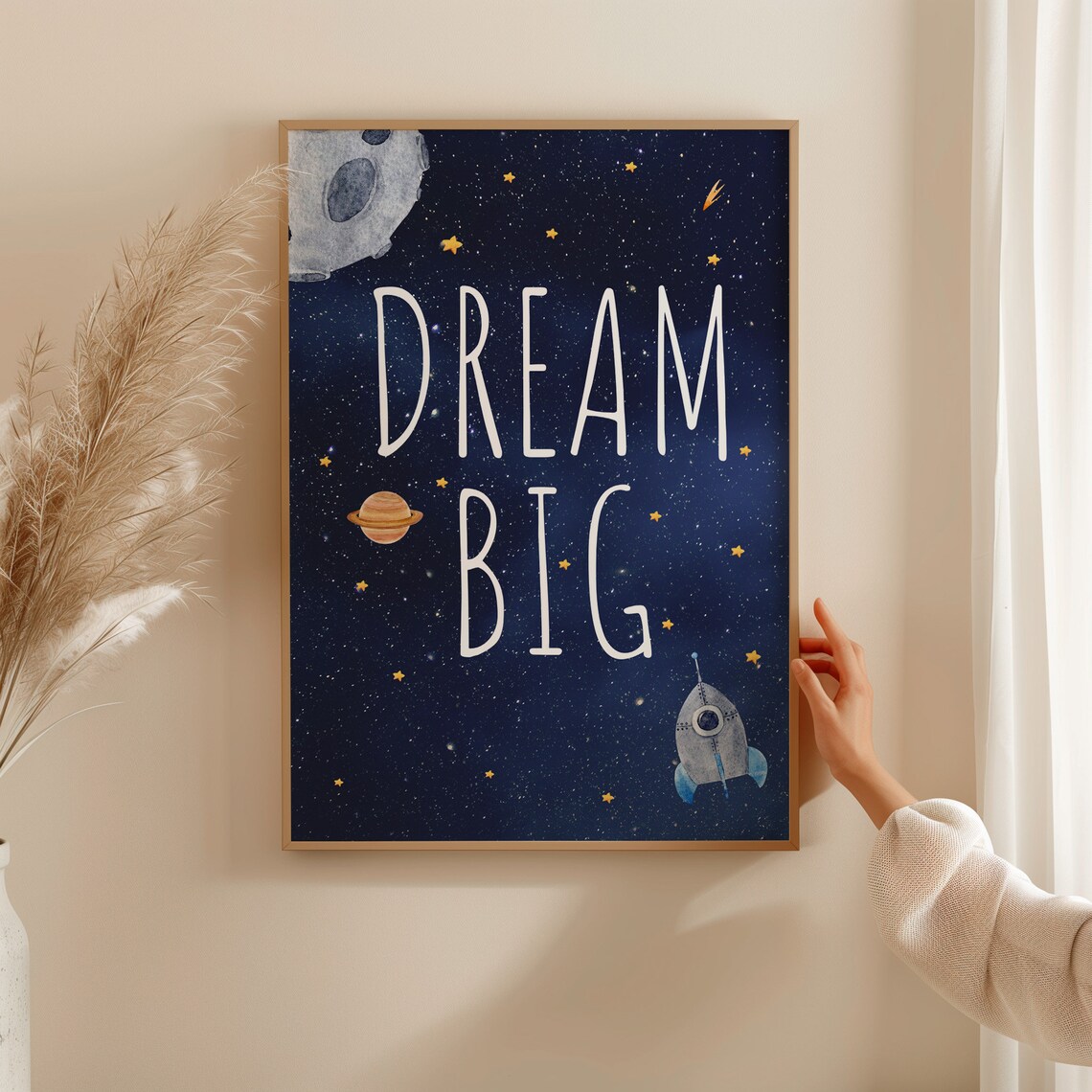 Dream Big Space Rockets Stars Navy Nursery Kids Room Quote Poster