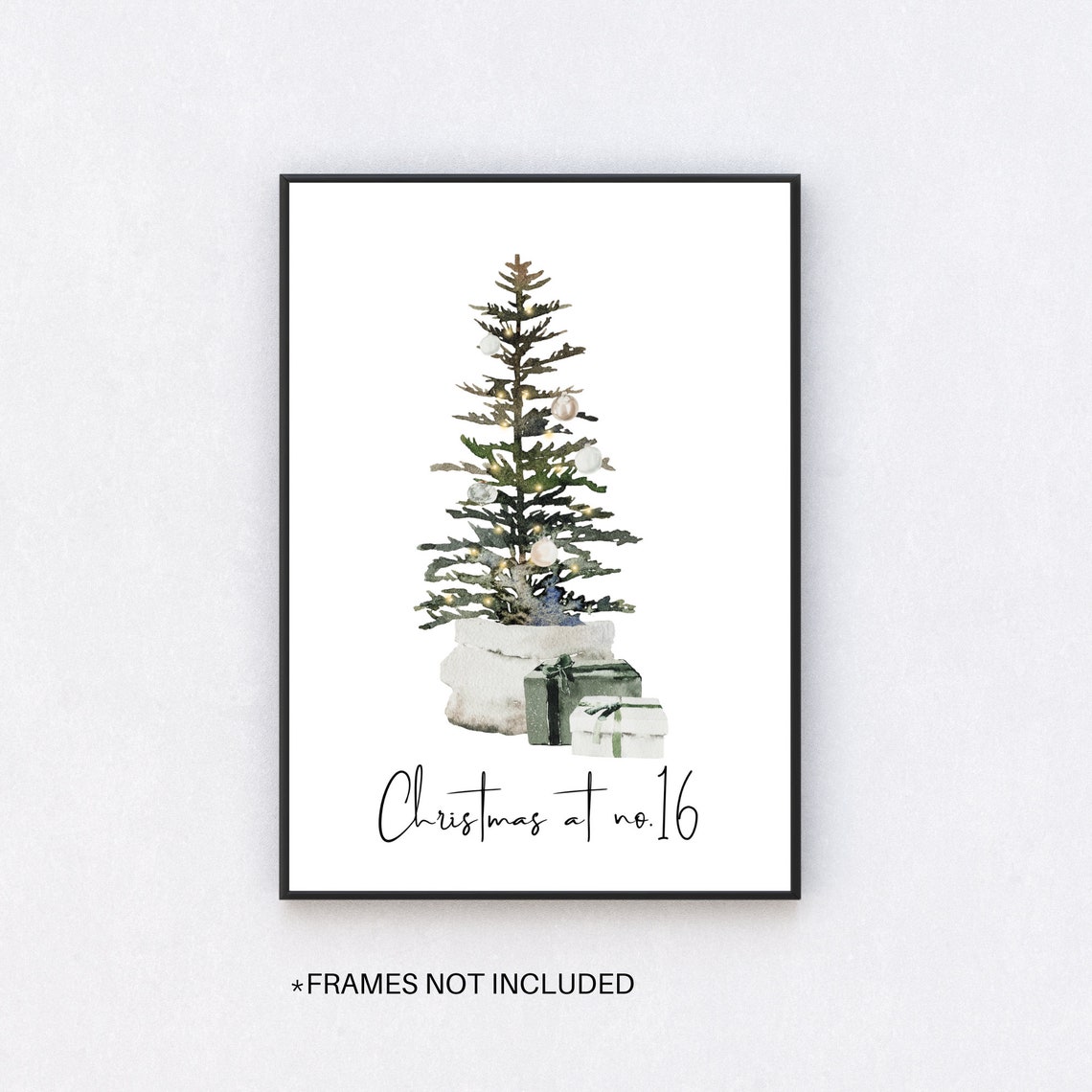 Christmas At No 16 Sparse Pine Tree Gifts Watercolor Holiday Poster