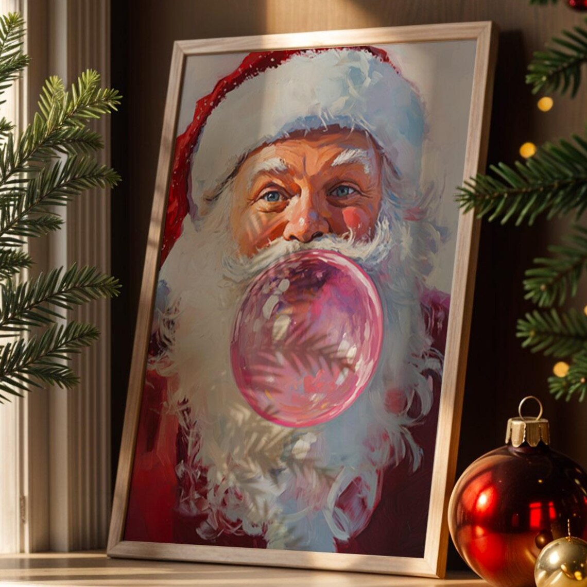 Funny Santa Claus Blowing Pink Bubblegum, Christmas Art Print