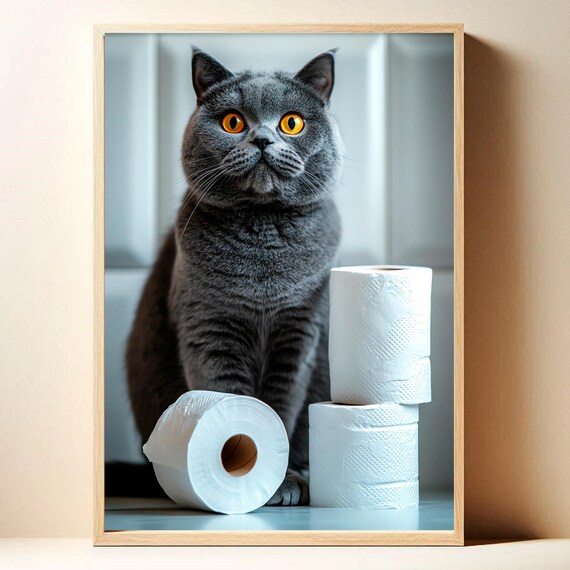 Grey British Shorthair Cat With Toilet Paper Funny Bathroom Poster