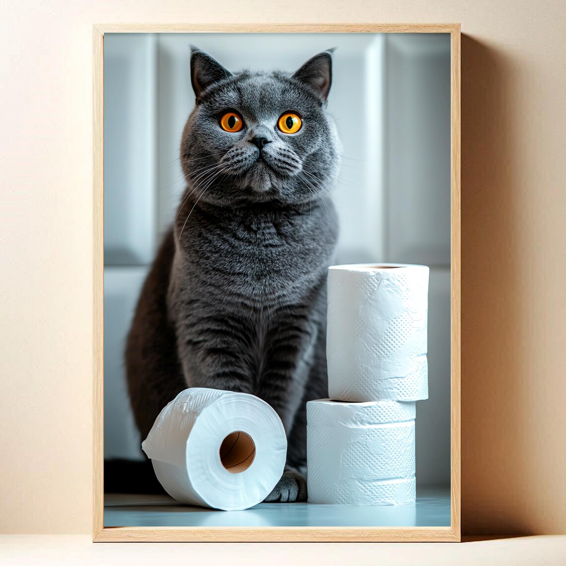 Grey British Shorthair Cat With Toilet Paper Funny Bathroom Poster
