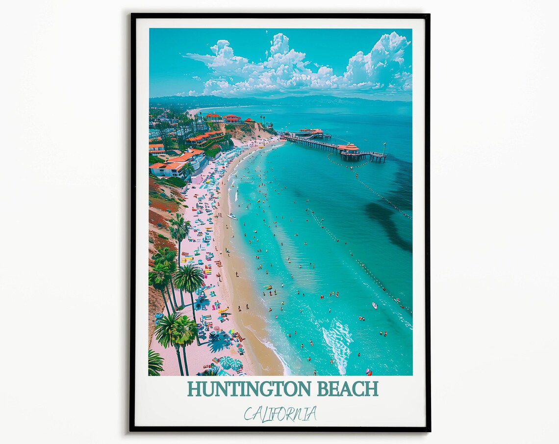 Huntington Beach California Aerial Pier View Vintage Travel Poster