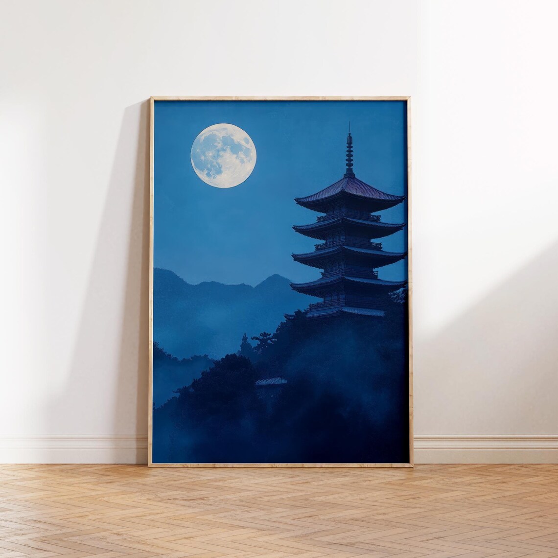 Twilight Pagoda Full Moon Blue Night Japanese Temple Serene Art Poster - Image 3