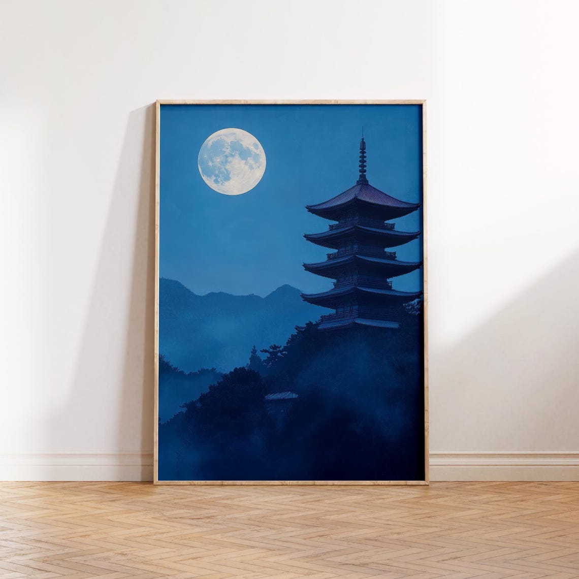 Twilight Pagoda Stillness Japandi Night Landscape Wall Art Full Moon Zen Print Minimalist Tranquil Blue Decor - Image 3