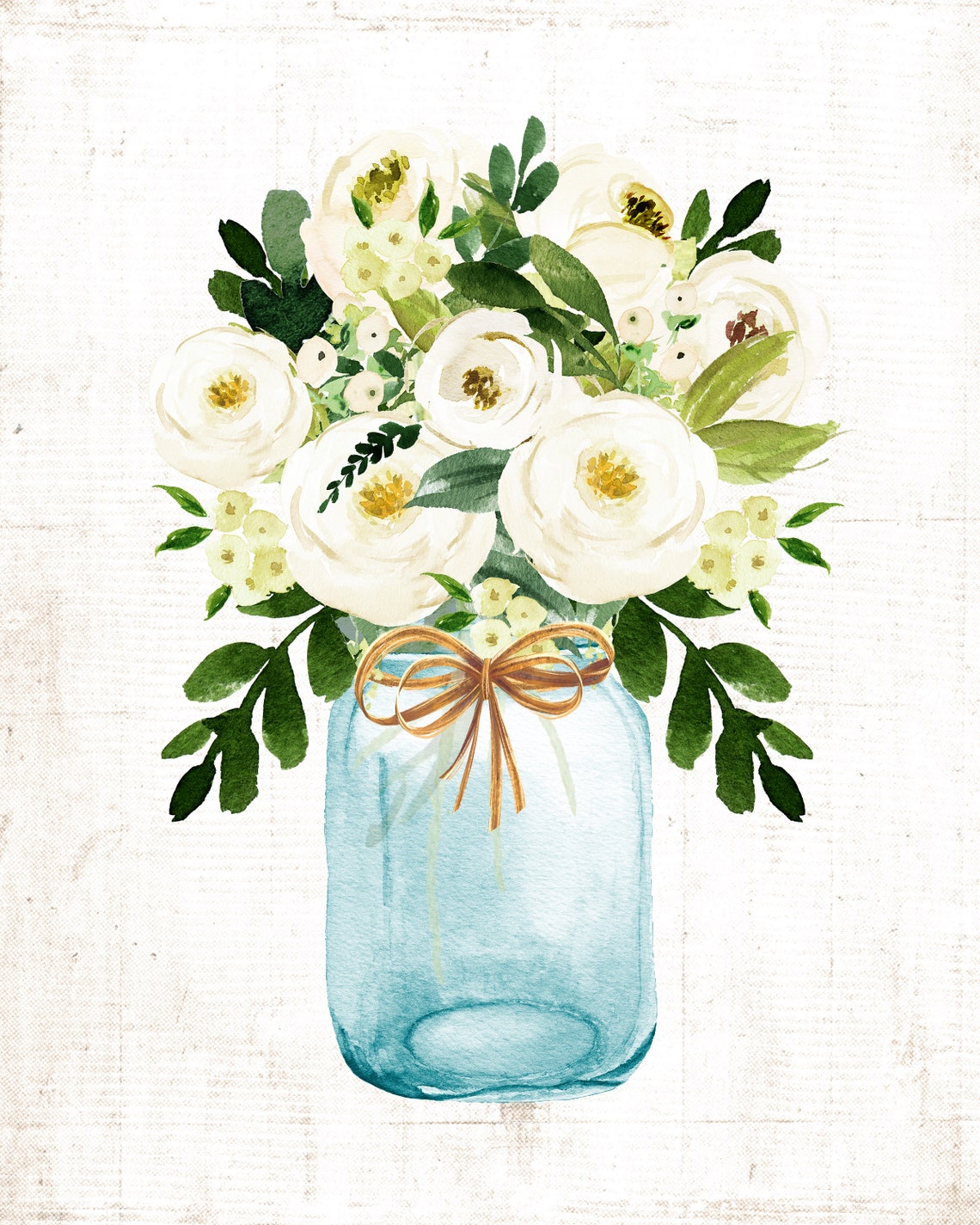 White Flowers in a Teal Mason Jar with Twine Bow Decor Poster - Image 2