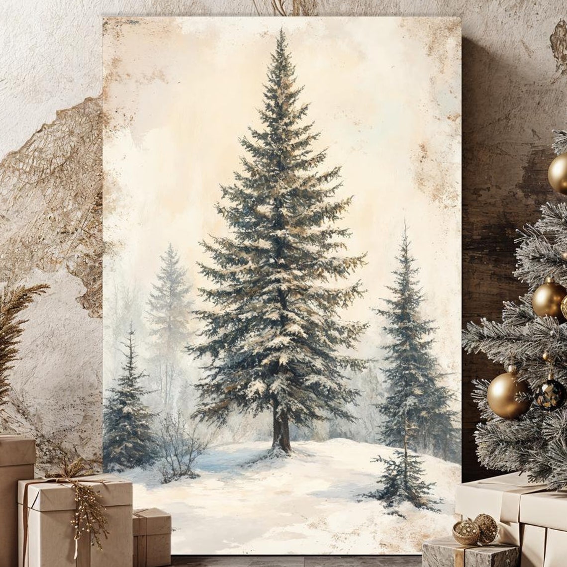 Snowy Evergreen Pine Forest Winter Landscape Christmas Wall Art