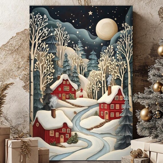 Moonlit Snowy Village Red Cabins Winter Folk Christmas Poster