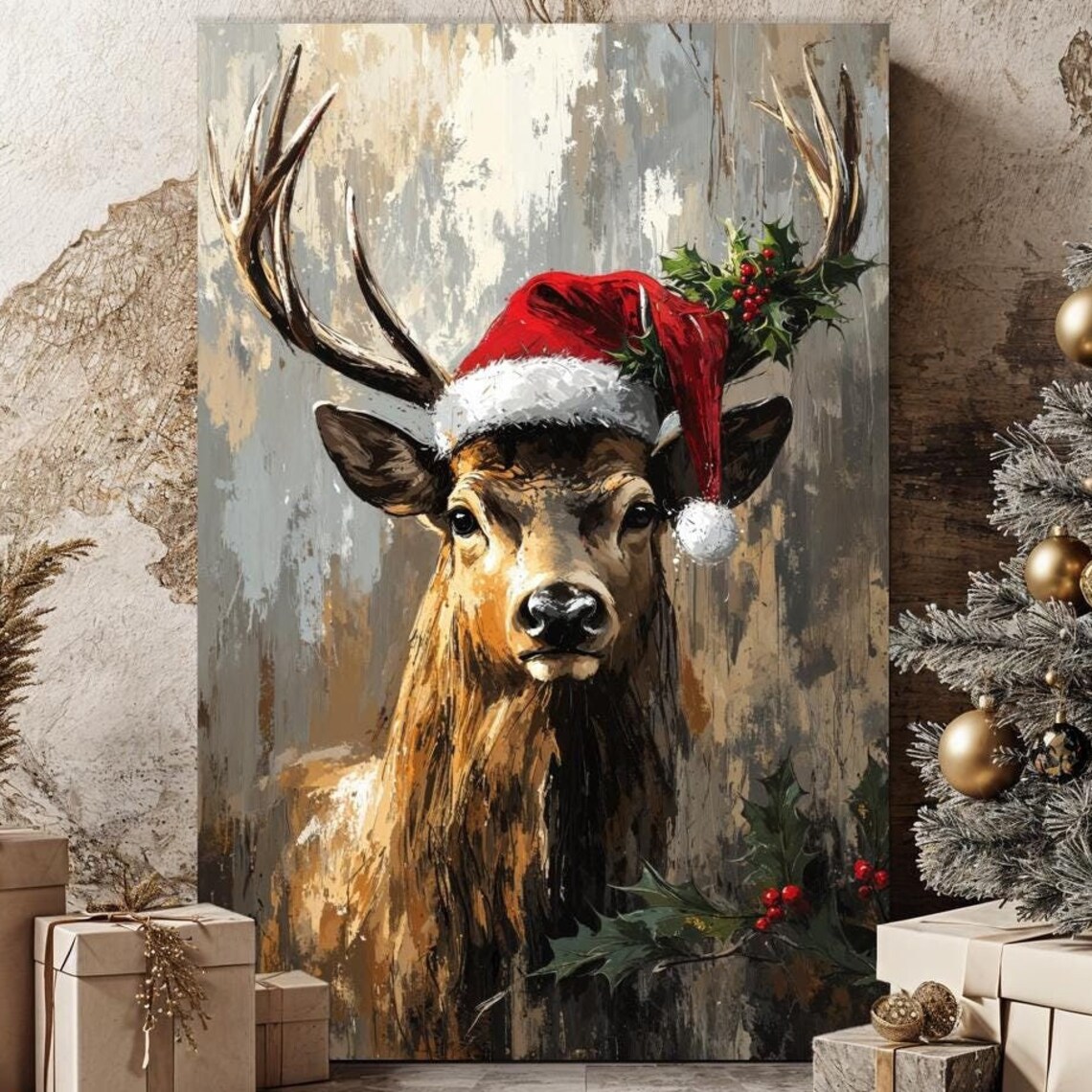 Reindeer in Santa Hat Festive Christmas Animal Portrait Poster