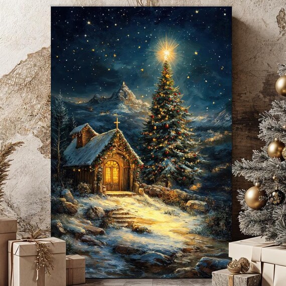 Christmas Chapel Starry Night Snowy Tree Winter Night Canvas Poster