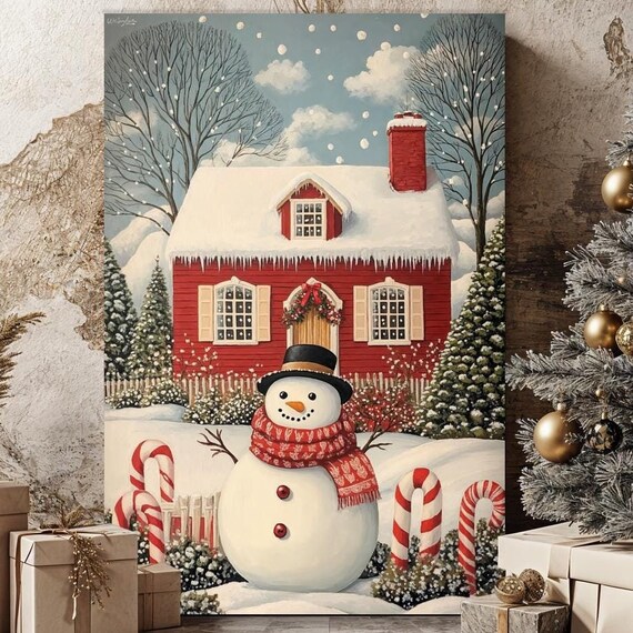 Snowman By Red Snowy Cottage With Candy Canes Christmas Wall Art