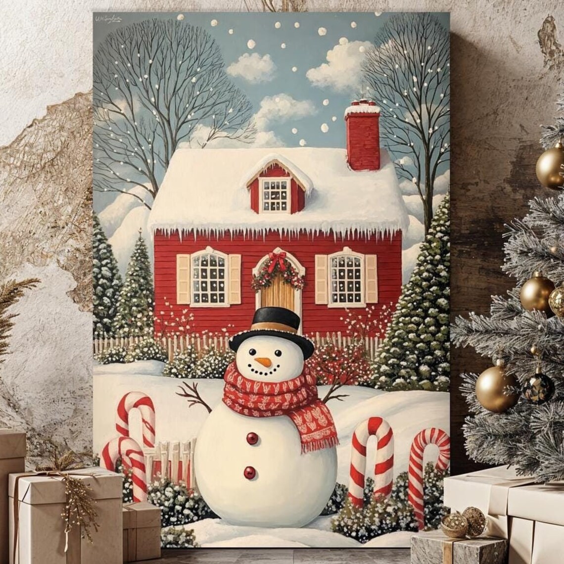 Snowman By Red Snowy Cottage With Candy Canes Christmas Wall Art