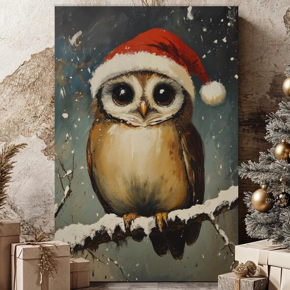 Adorable Owl Wearing Santa Hat Snowy Christmas Animal Wall Art