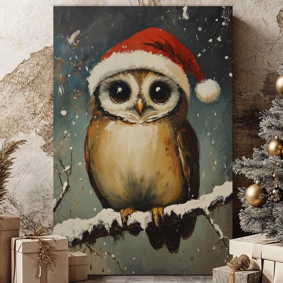 Adorable Owl With Santa Hat Canvas Wall Art Winter Animal Painting Print Cute Christmas Decor Whimsical Bird Poster Ready To Hang Gift