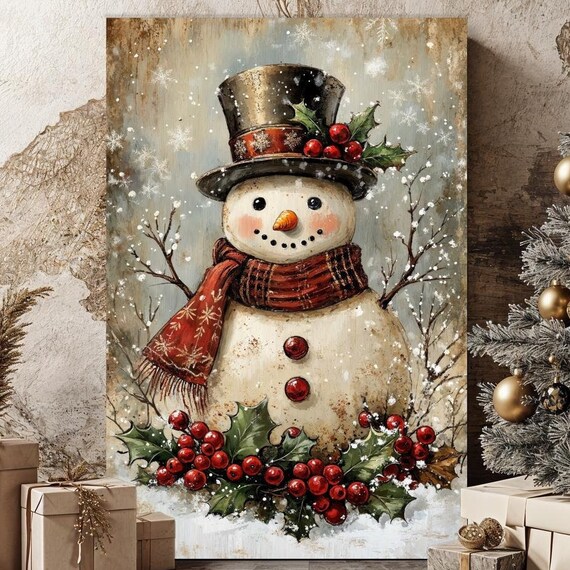Rustic Snowman Top Hat Holly Berry Vintage Christmas Wall Print