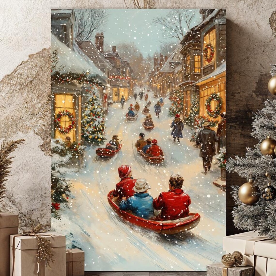 Victorian Christmas Village Street Sledding Winter Scene Poster